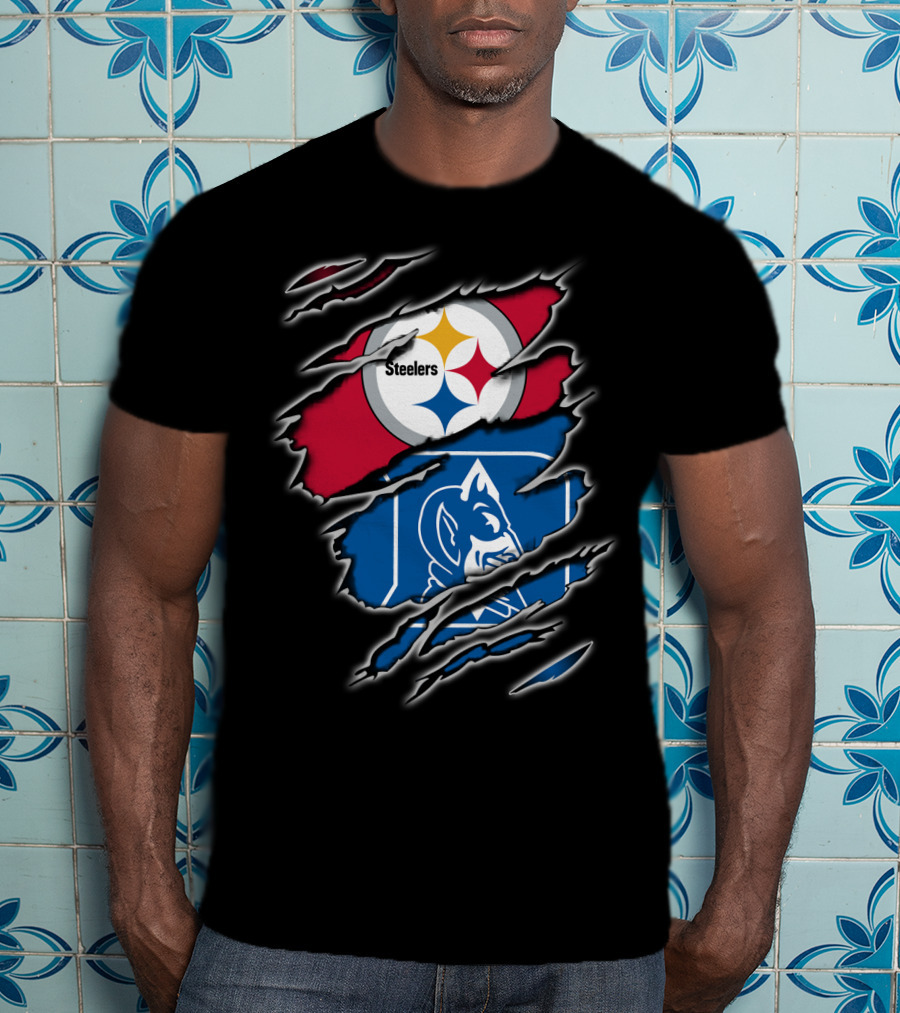 Steelers Duke Blue Devils Ripped Emblem Combination T-Shirt
