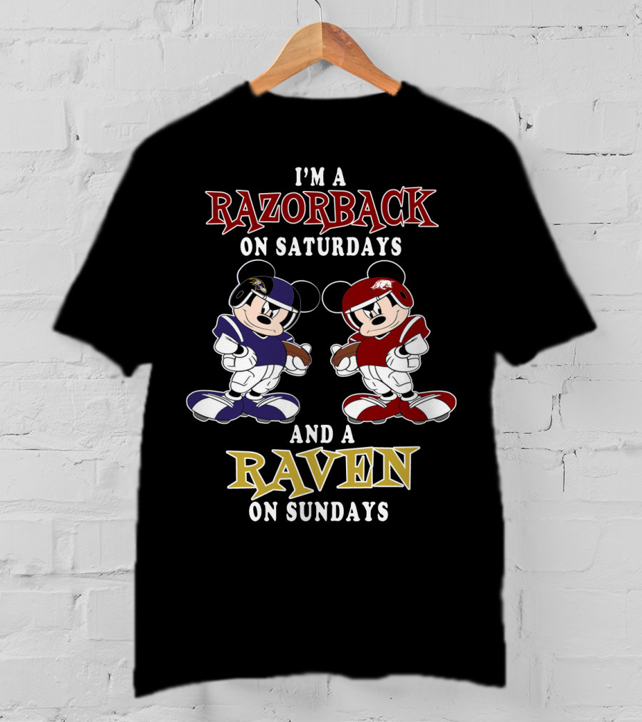 Razorback Saturdays Raven Sundays Mickey Football Characters T-Shirt