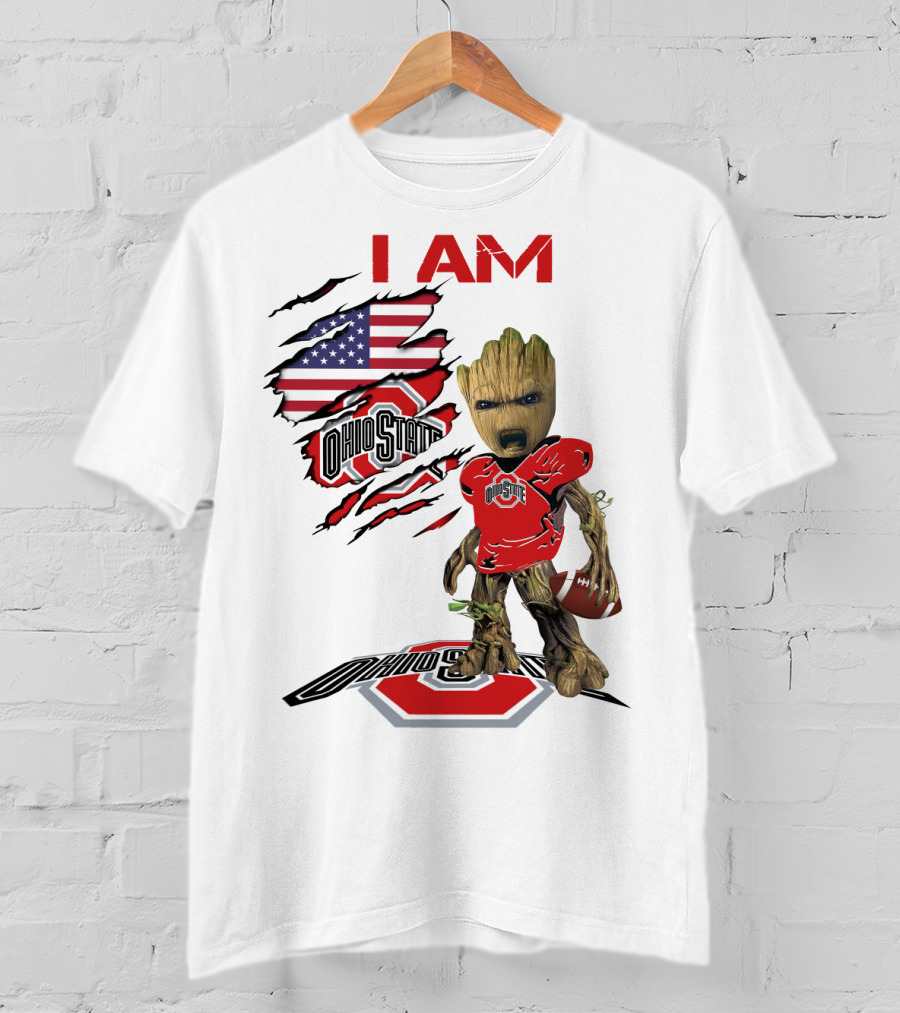 I Am Ohio State Baby Groot Football American Flag T-Shirt