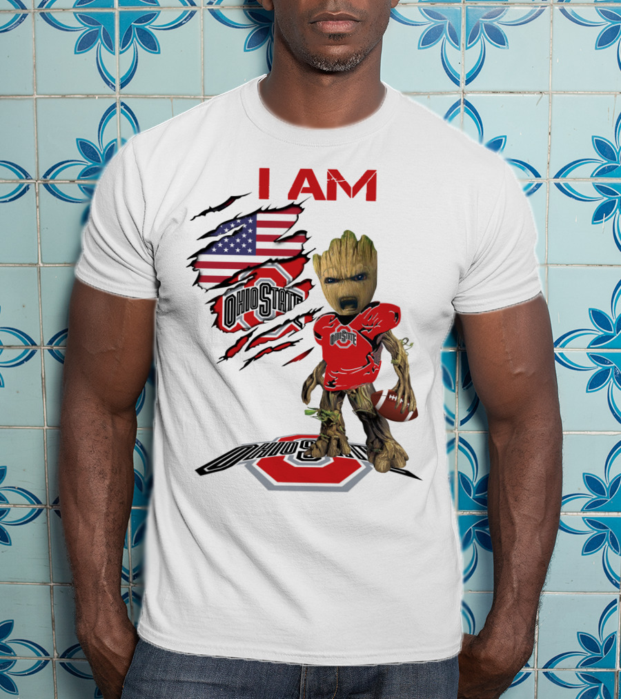 I Am Ohio State Baby Groot Football American Flag T-Shirt