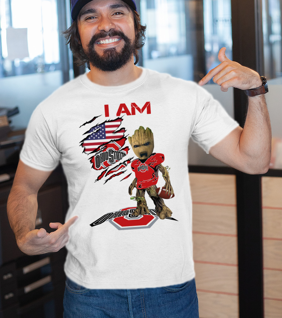 I Am Ohio State Baby Groot Football American Flag T-Shirt