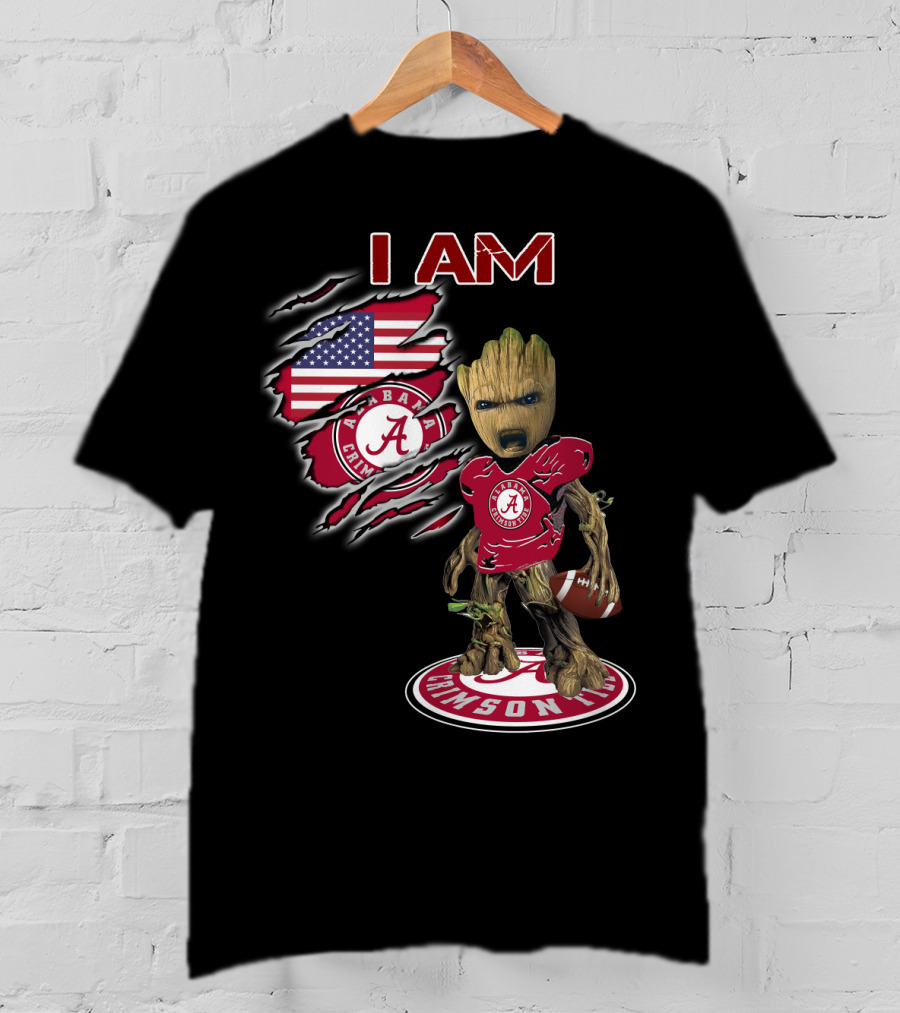 I Am Alabama Crimson Tide Football Fan Groot American Flag T-Shirt