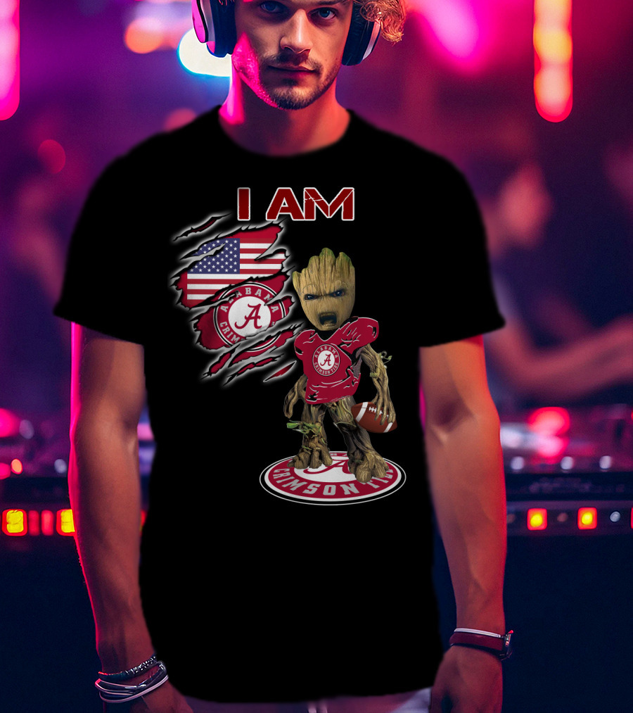 I Am Alabama Crimson Tide Football Fan Groot American Flag T-Shirt