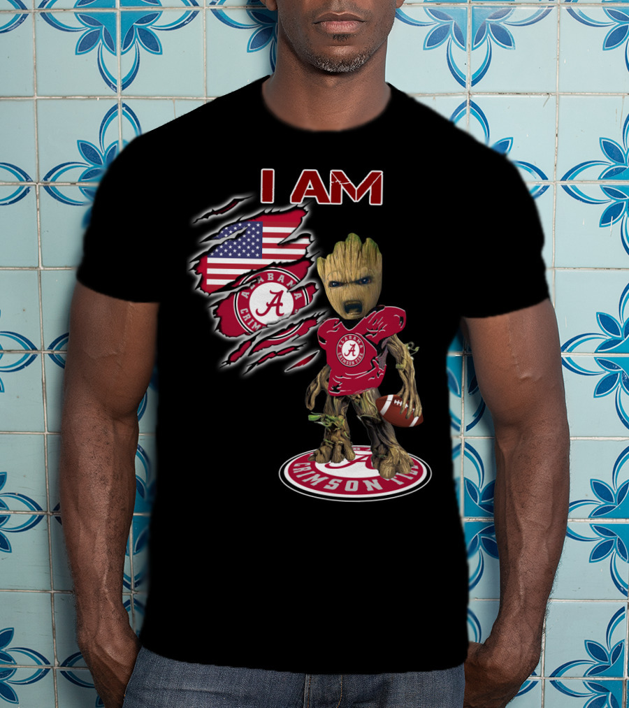 I Am Alabama Crimson Tide Football Fan Groot American Flag T-Shirt