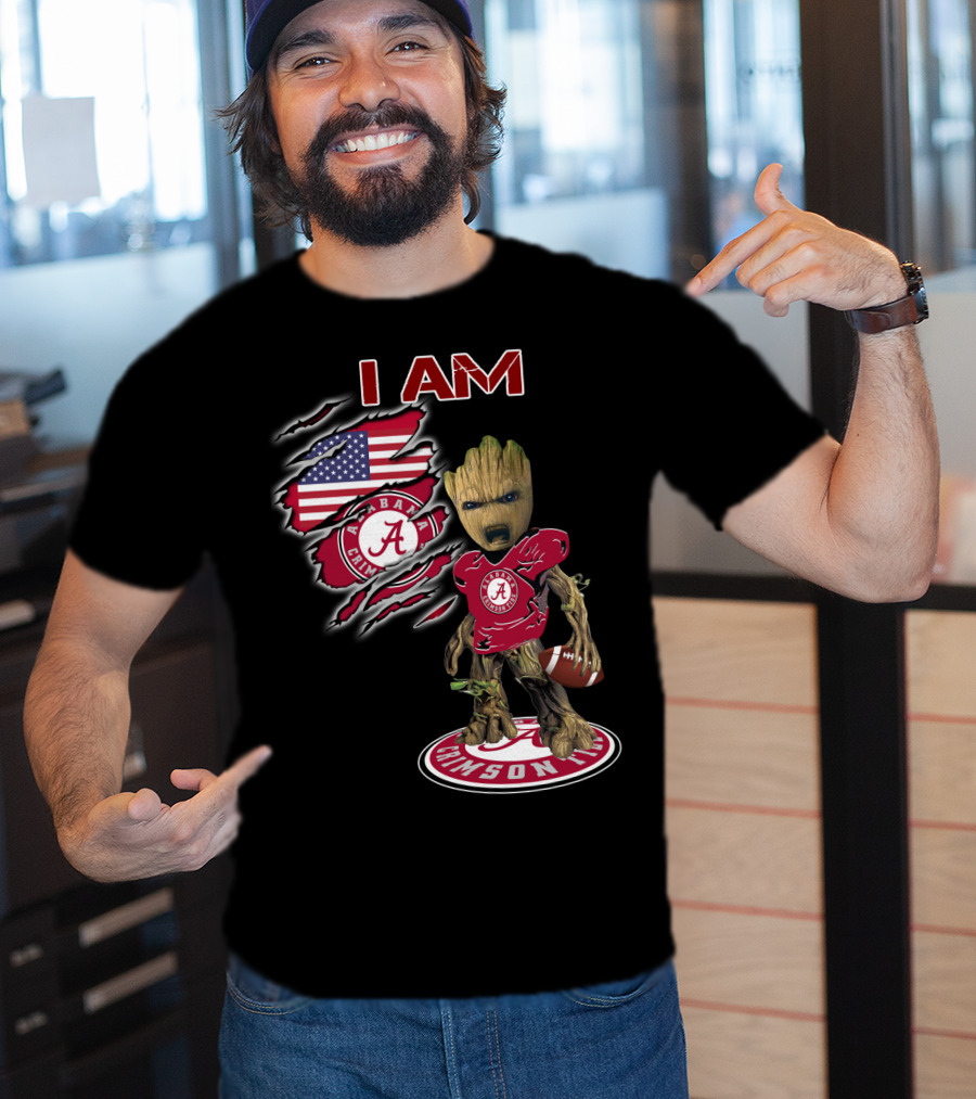 I Am Alabama Crimson Tide Football Fan Groot American Flag T-Shirt