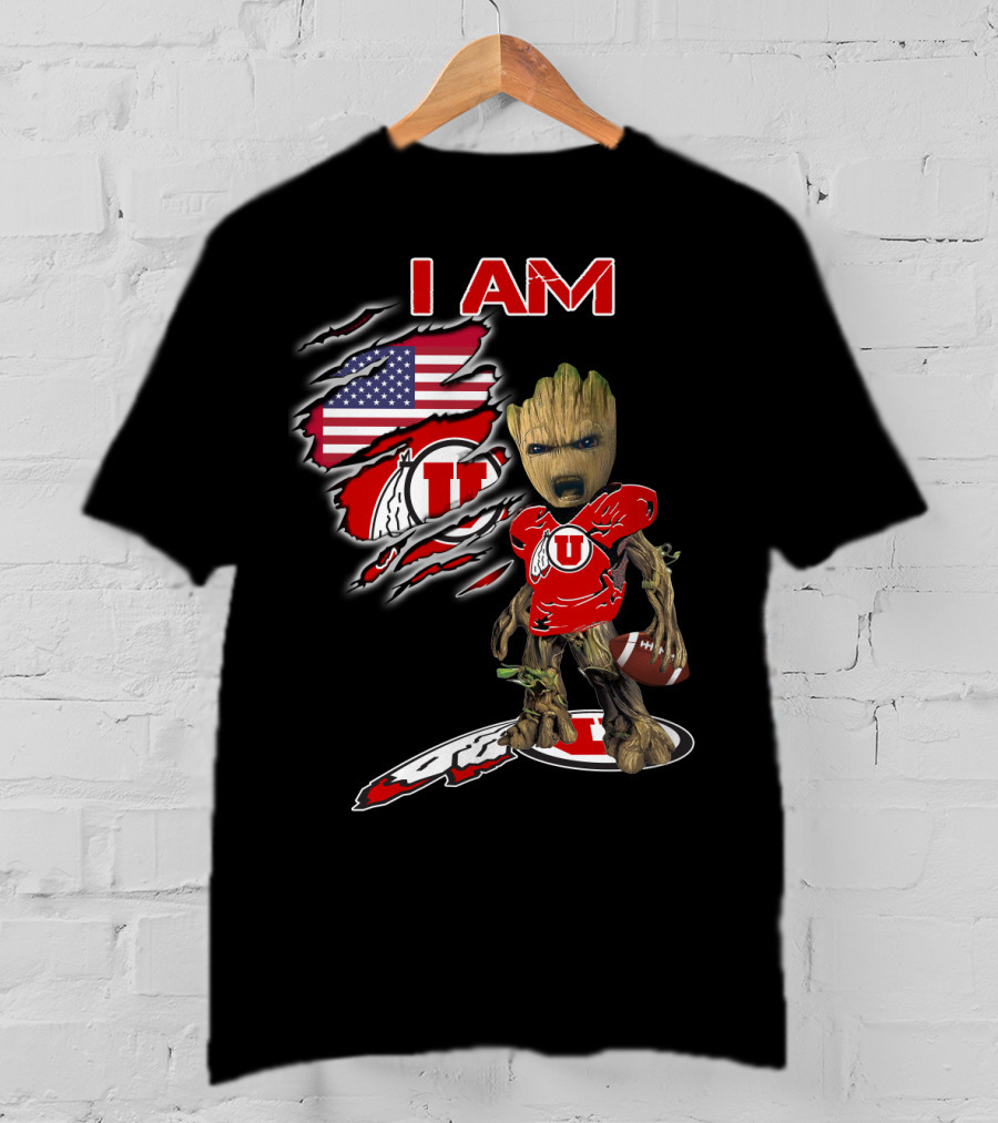 I Am U Utah Football Fan Groot American Flag T-Shirt