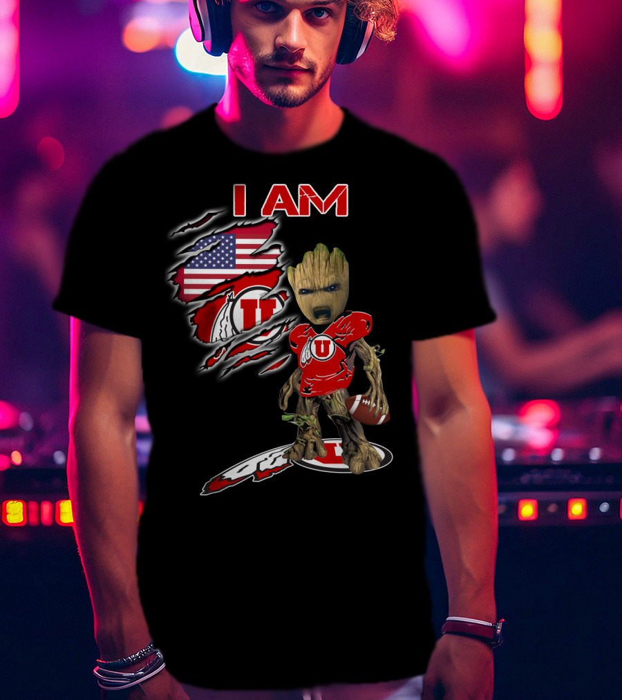 I Am U Utah Football Fan Groot American Flag T-Shirt