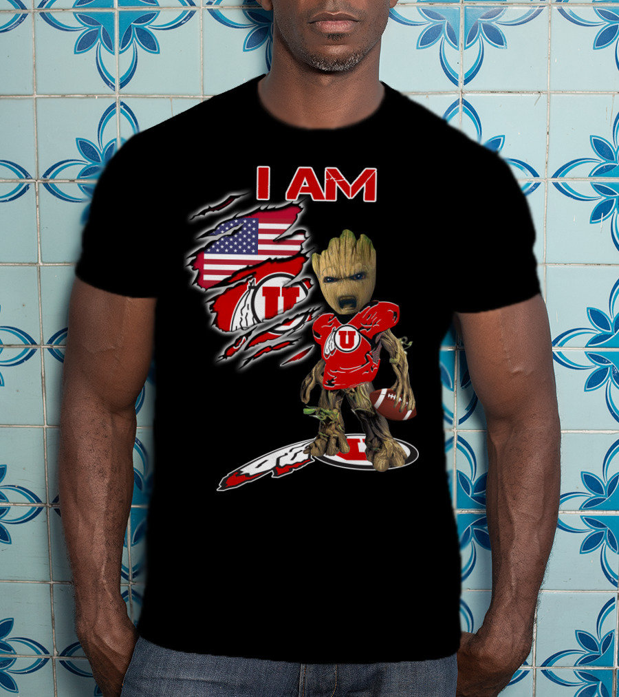 I Am U Utah Football Fan Groot American Flag T-Shirt