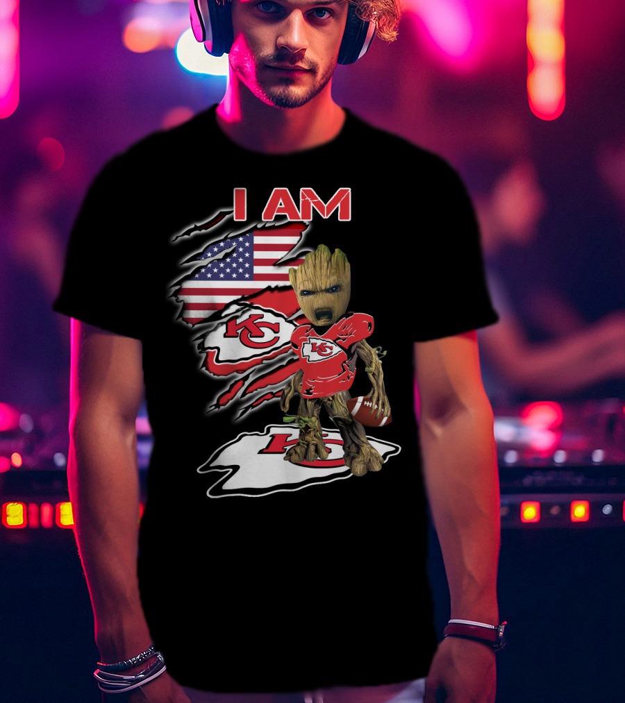 I Am Kc Chiefs Groot American Football Fan Usa Flag T-Shirt