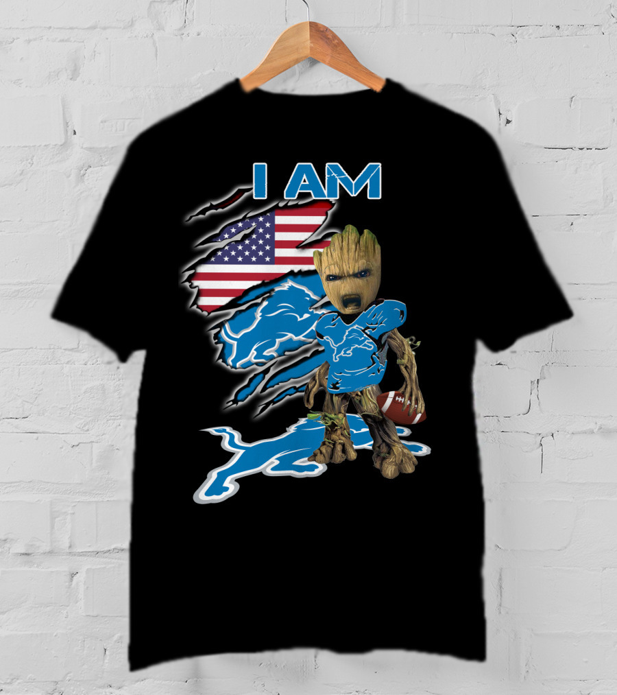 I Am Groot Detroit Lions Fan Football American Flag T-Shirt