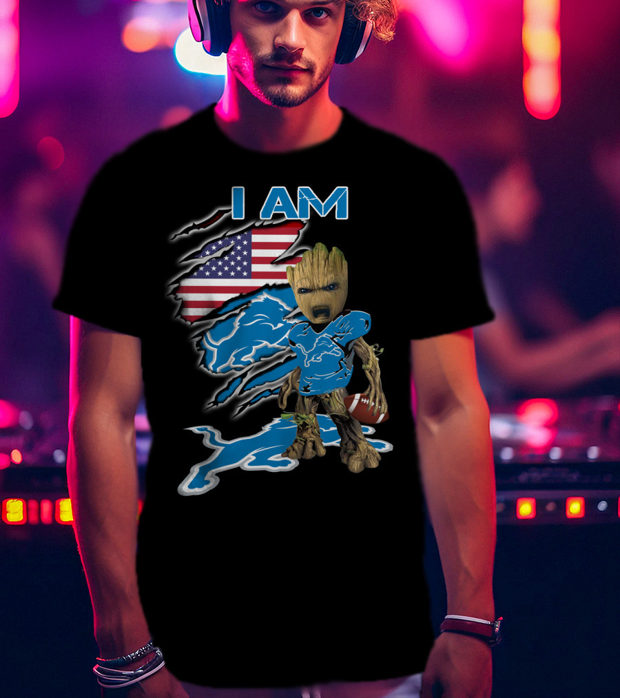 I Am Groot Detroit Lions Fan Football American Flag T-Shirt