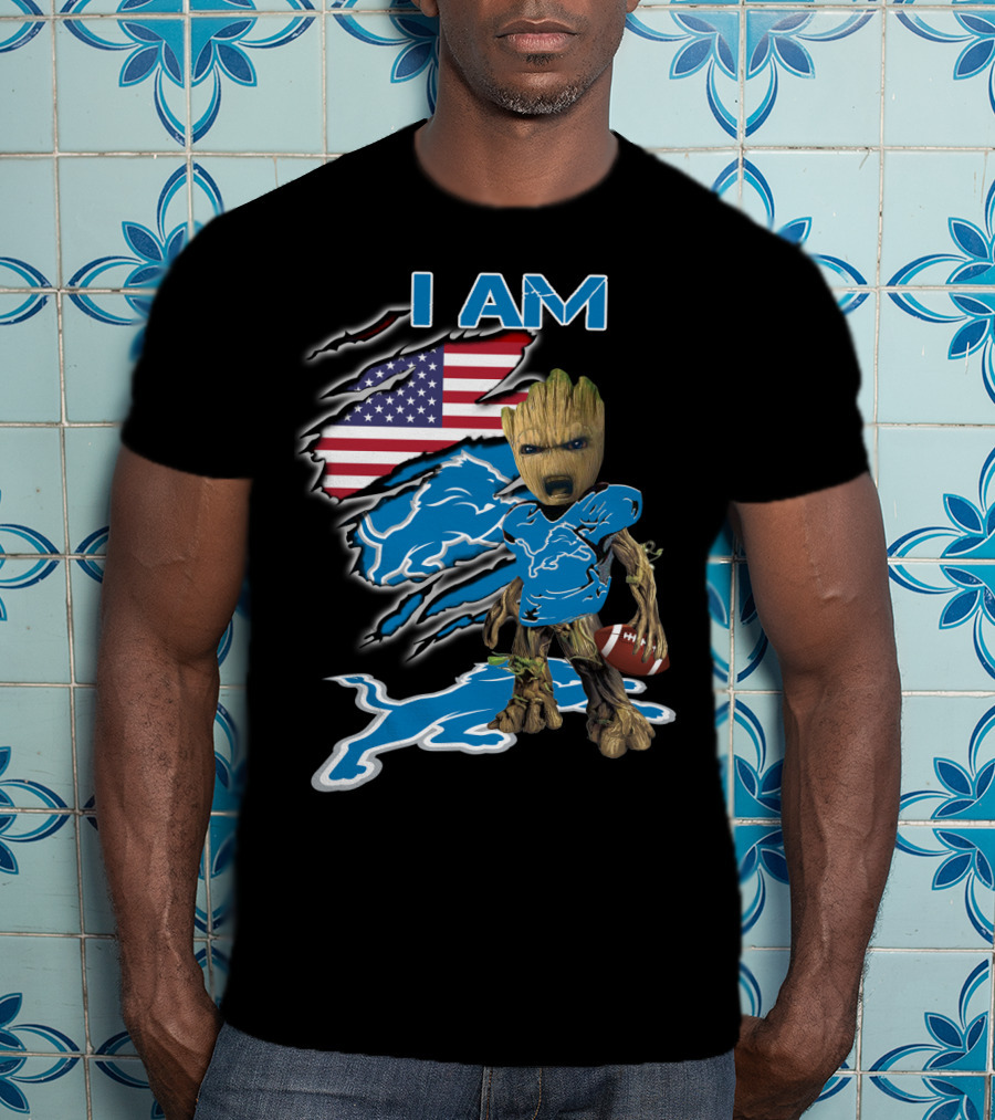 I Am Groot Detroit Lions Fan Football American Flag T-Shirt