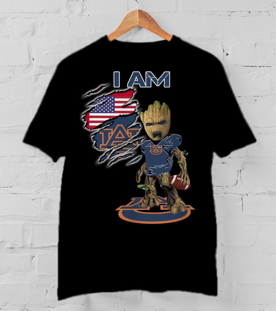I Am Auburn Groot Football Fan Usa Flag Auburn Logo Football T-Shirt