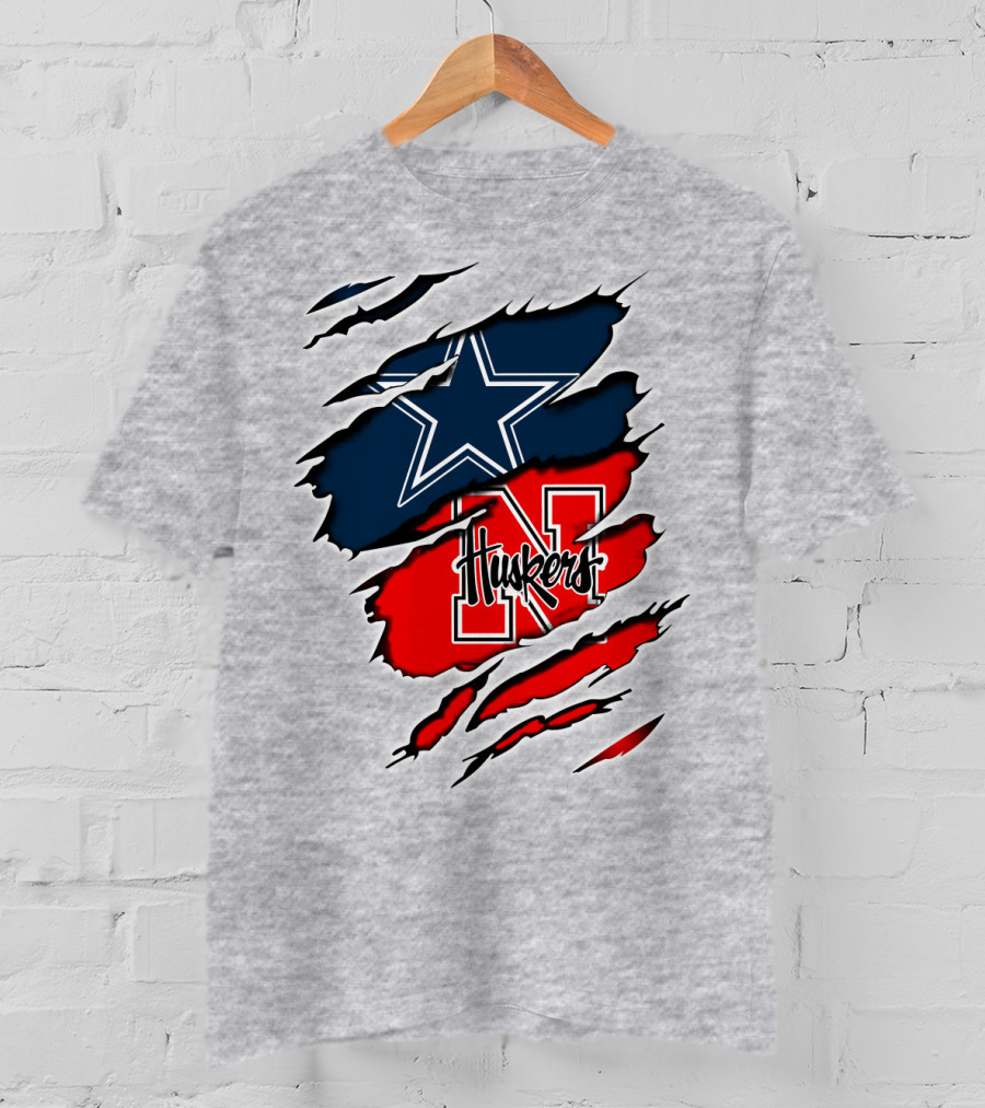 Cowboys Huskers Star Logo Red And Blue Tear T-Shirt