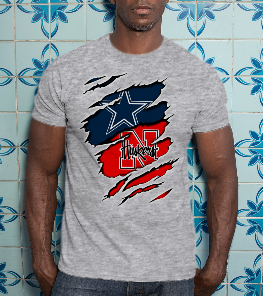 Cowboys Huskers Star Logo Red And Blue Tear T-Shirt