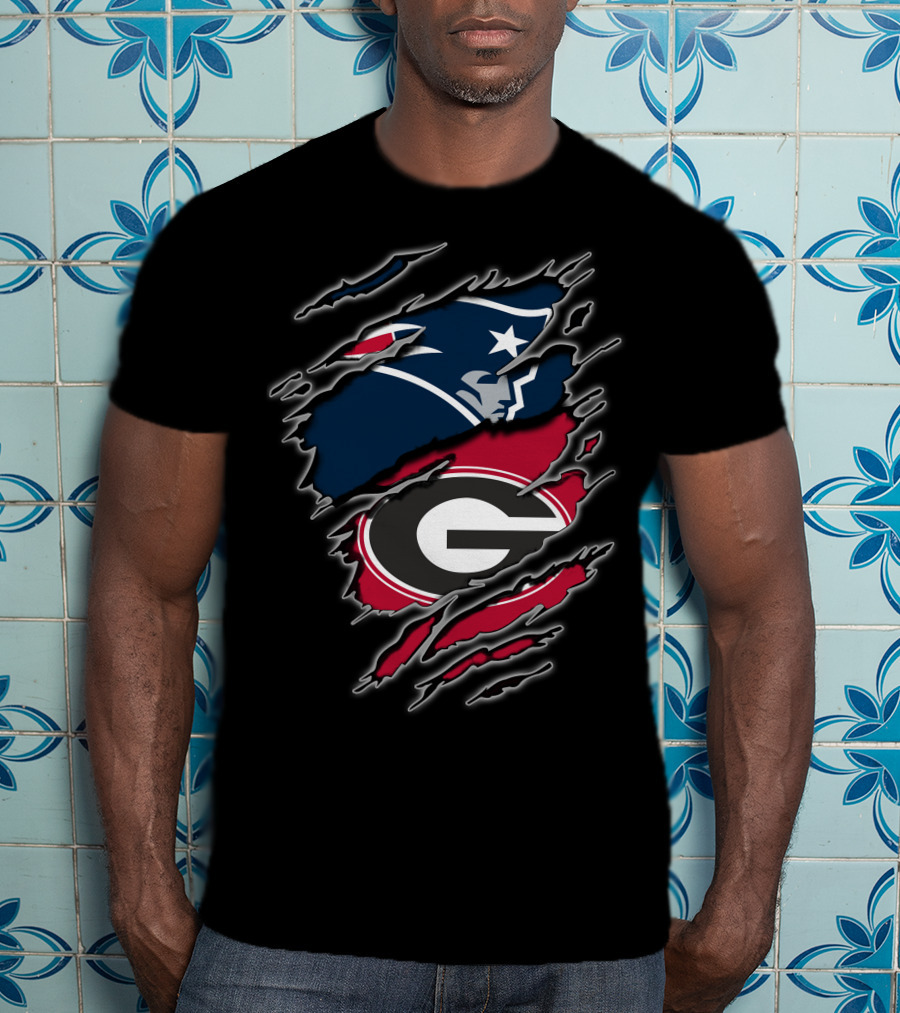 New England Patriots And Georgia Bulldogs Logos Fusion T-Shirt
