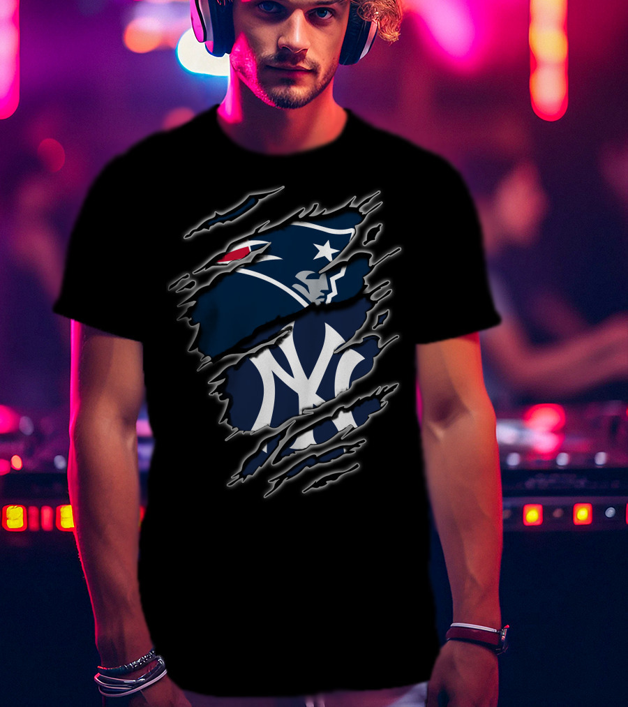 Patriots And Yankees Logo Combined With Ripped Style T-Shirt