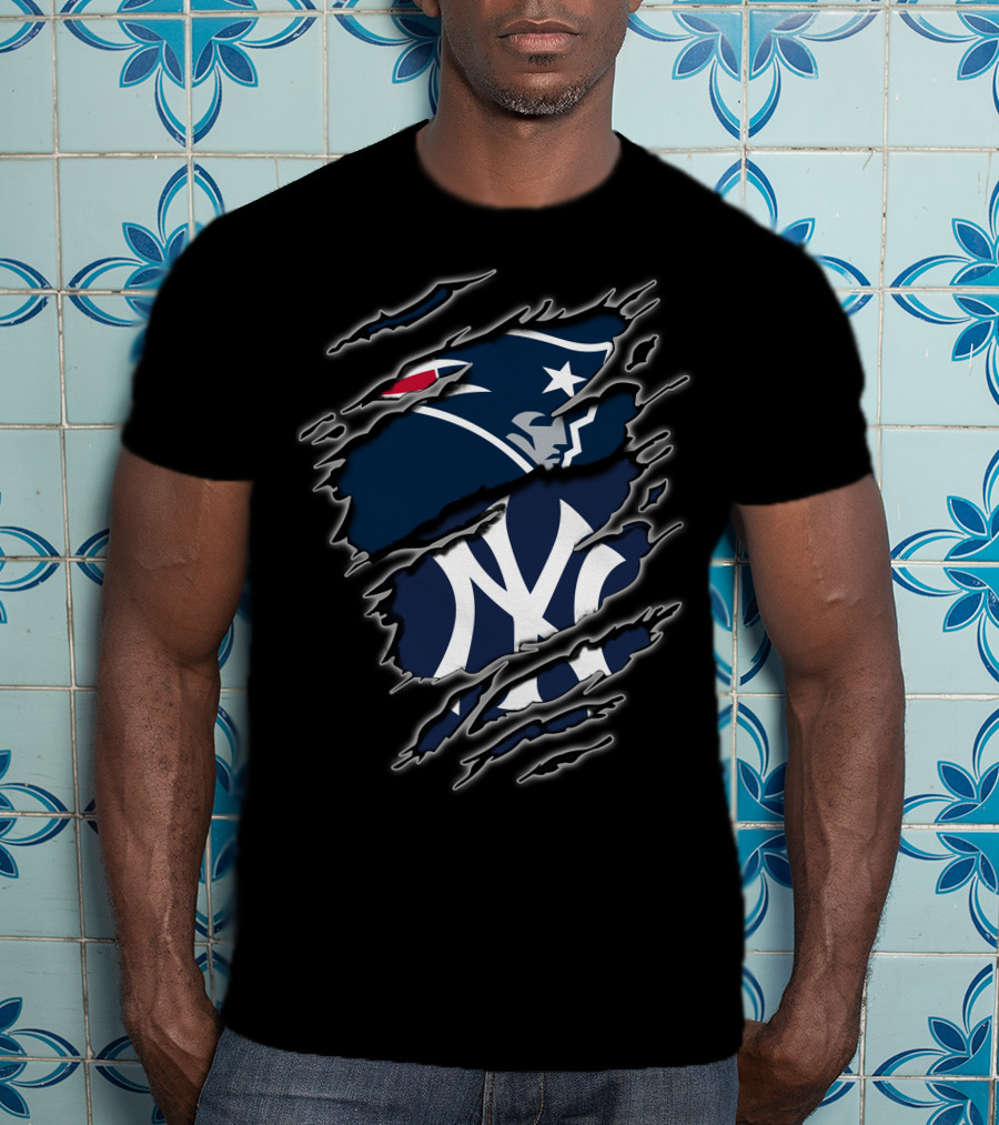 Patriots And Yankees Logo Combined With Ripped Style T-Shirt