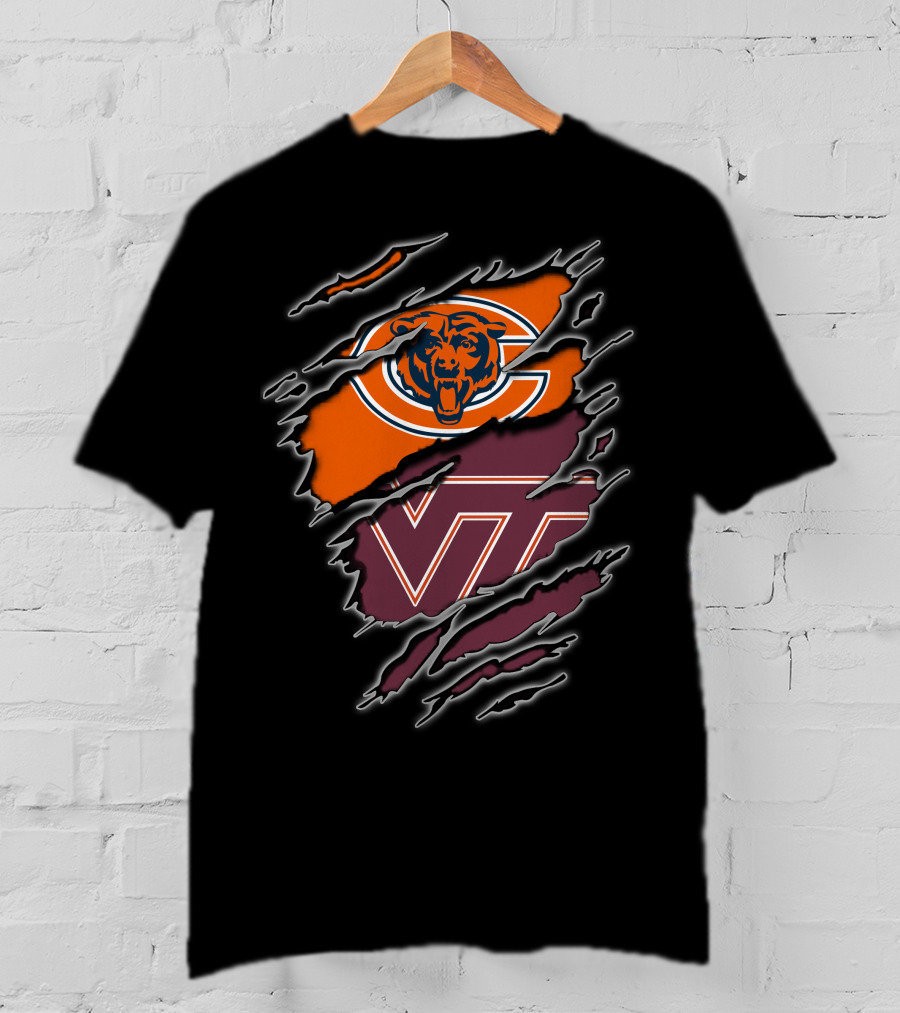 Chicago Bears And Virginia Tech Hokies Rip Claw Logo Fusion T-Shirt