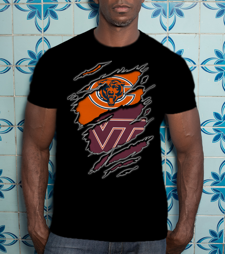 Chicago Bears And Virginia Tech Hokies Rip Claw Logo Fusion T-Shirt