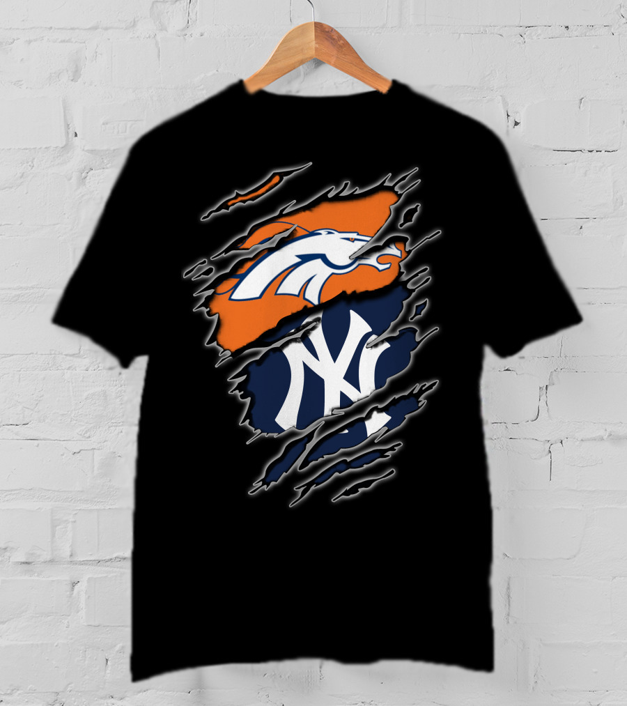 Broncos And Yankees Combined Logos On Torn T-Shirt