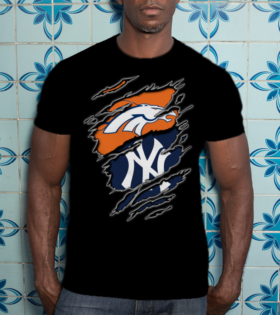 Broncos And Yankees Combined Logos On Torn T-Shirt