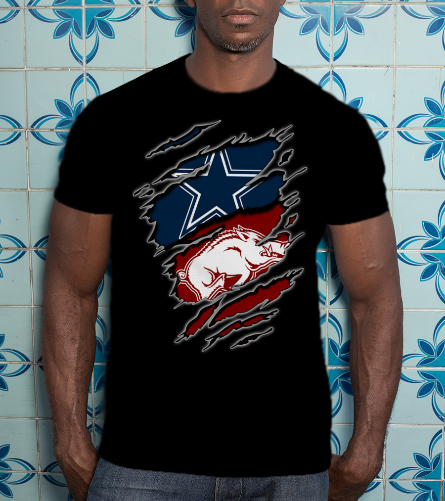 Dallas Cowboys And Arkansas Razorbacks Ripped T-Shirt