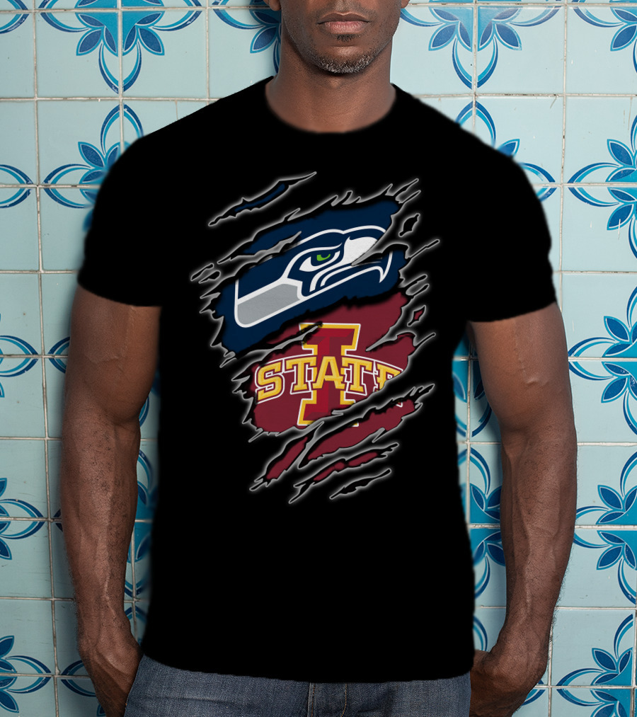 Seahawks Iowa State Cyclones Seattle Logo Torn Effect T-Shirt
