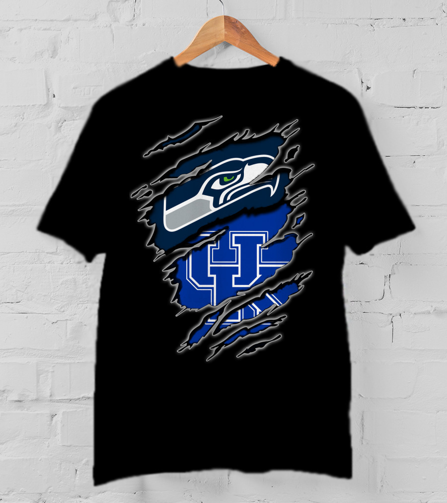 Seahawks Uk Blue Claw Mark Logo Ripped Effect T-Shirt