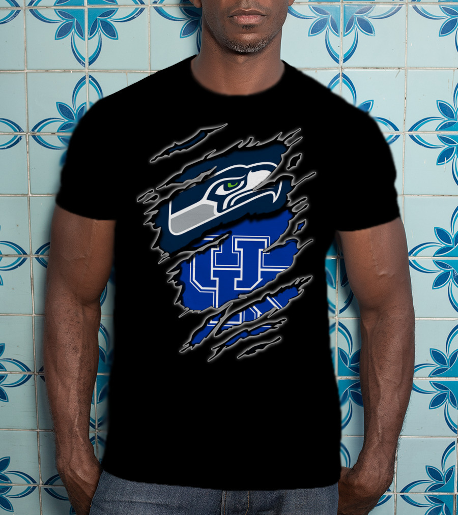 Seahawks Uk Blue Claw Mark Logo Ripped Effect T-Shirt
