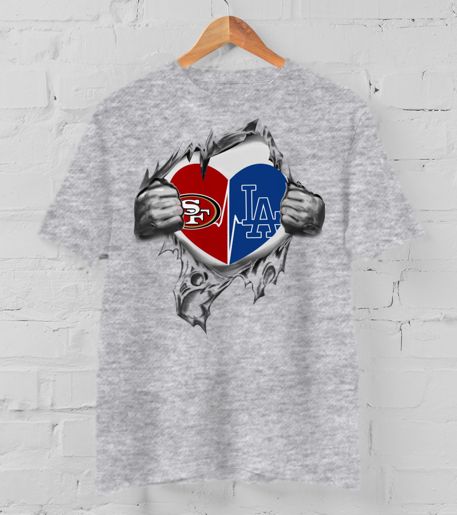 49ers La Dodgers Heart Logo Peeling T-Shirt