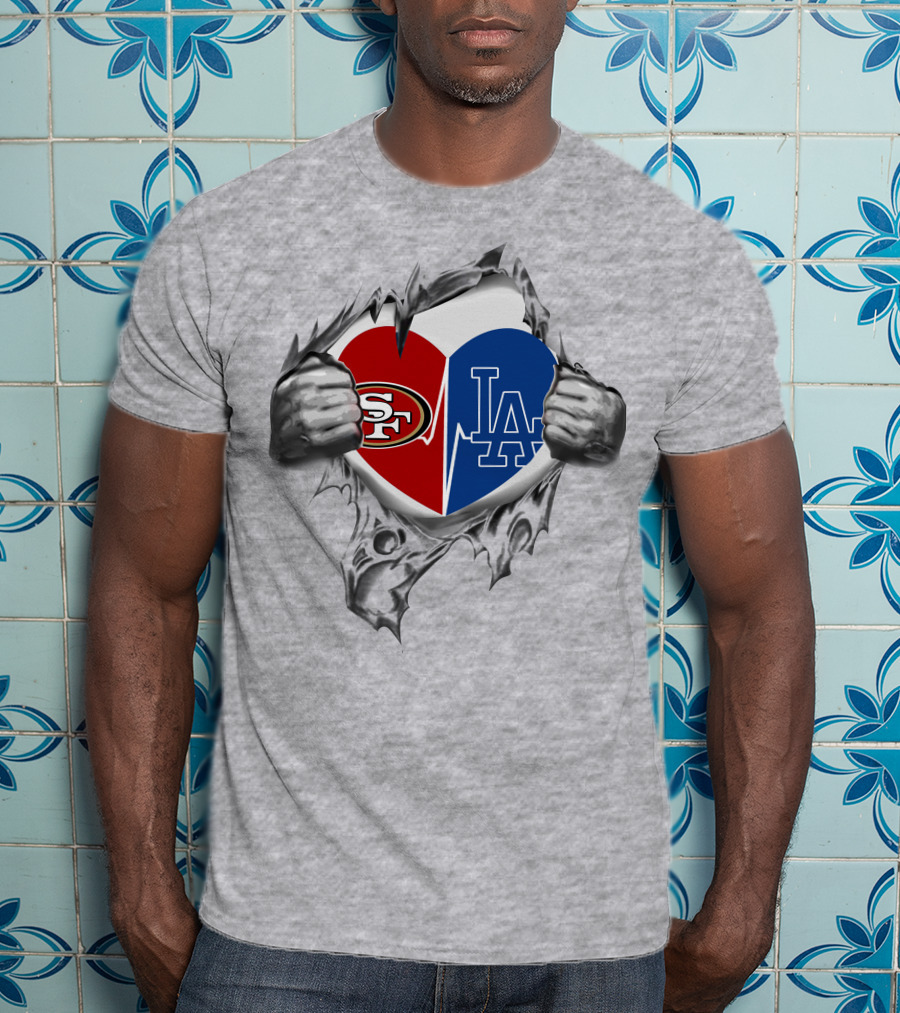 49ers La Dodgers Heart Logo Peeling T-Shirt