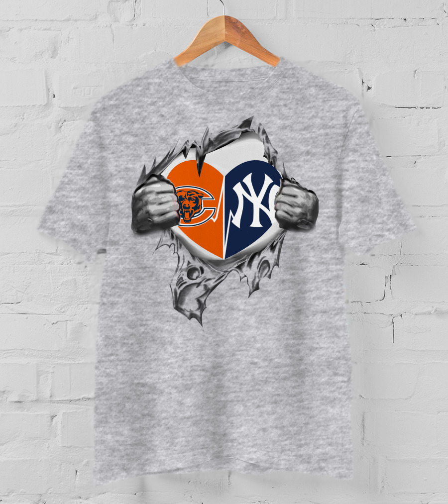 Chicago Bears New York Yankees Split Heart Rip T-Shirt
