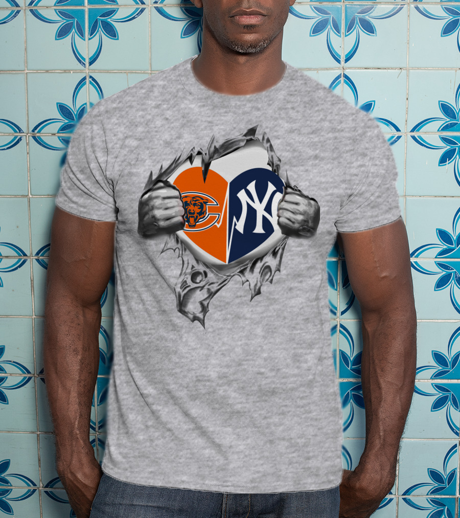 Chicago Bears New York Yankees Split Heart Rip T-Shirt