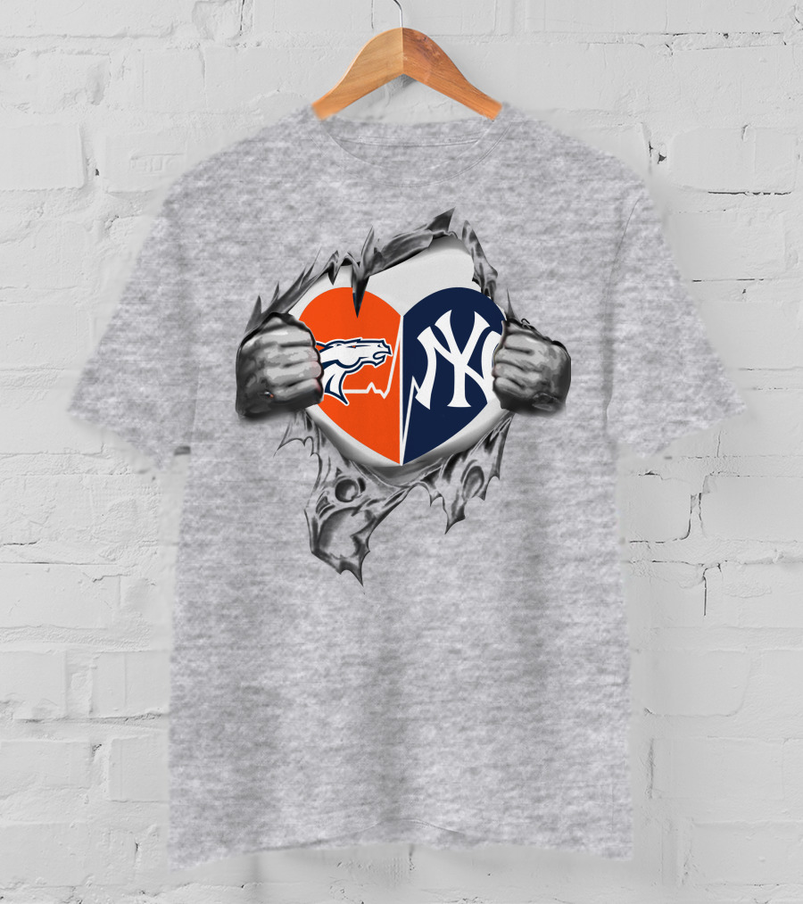 Broncos And Yankees Heart Split Design With Iconic Logo Mesh Tear Elements T-Shirt