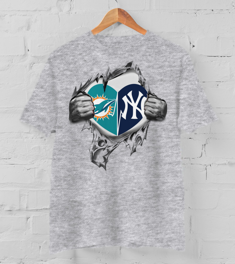 Miami Dolphins New York Yankees Fan Heart T-Shirt