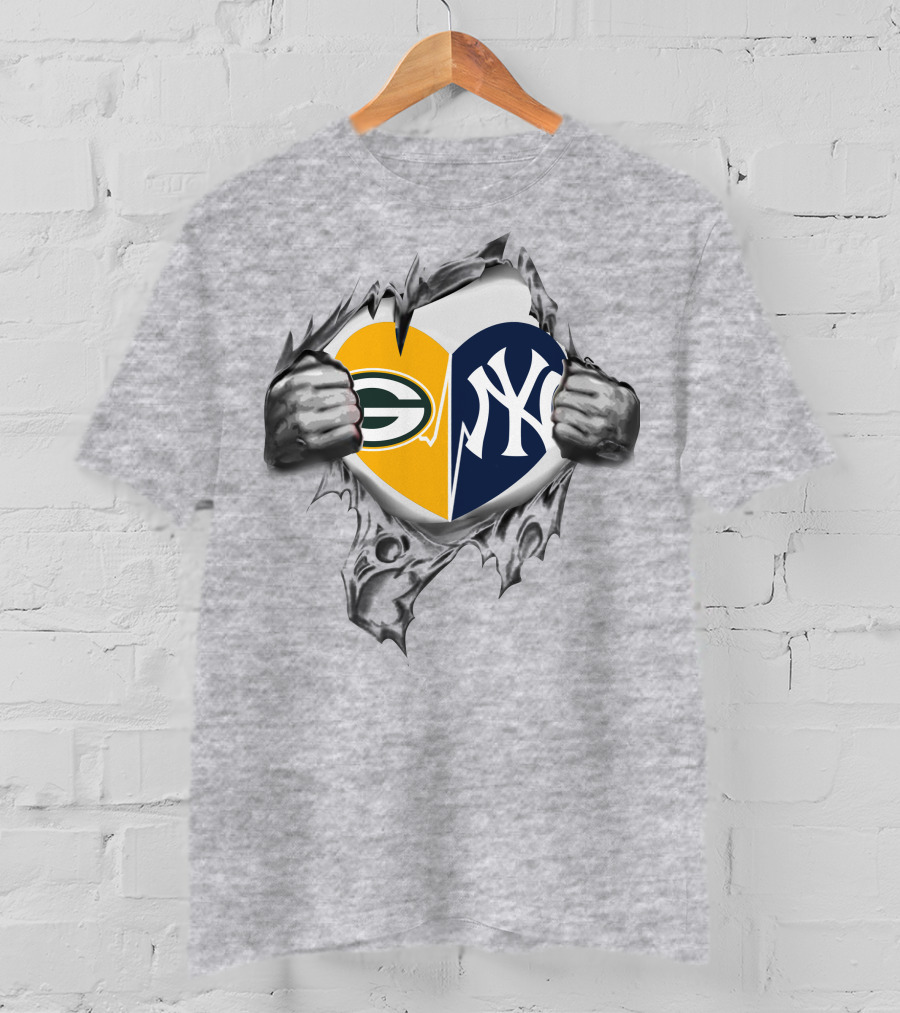 Packers Yankees Heart Split Logo Fusion T-Shirt
