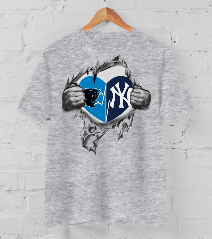 Carolina Panthers New York Yankees Heart Tear Mashup T-Shirt