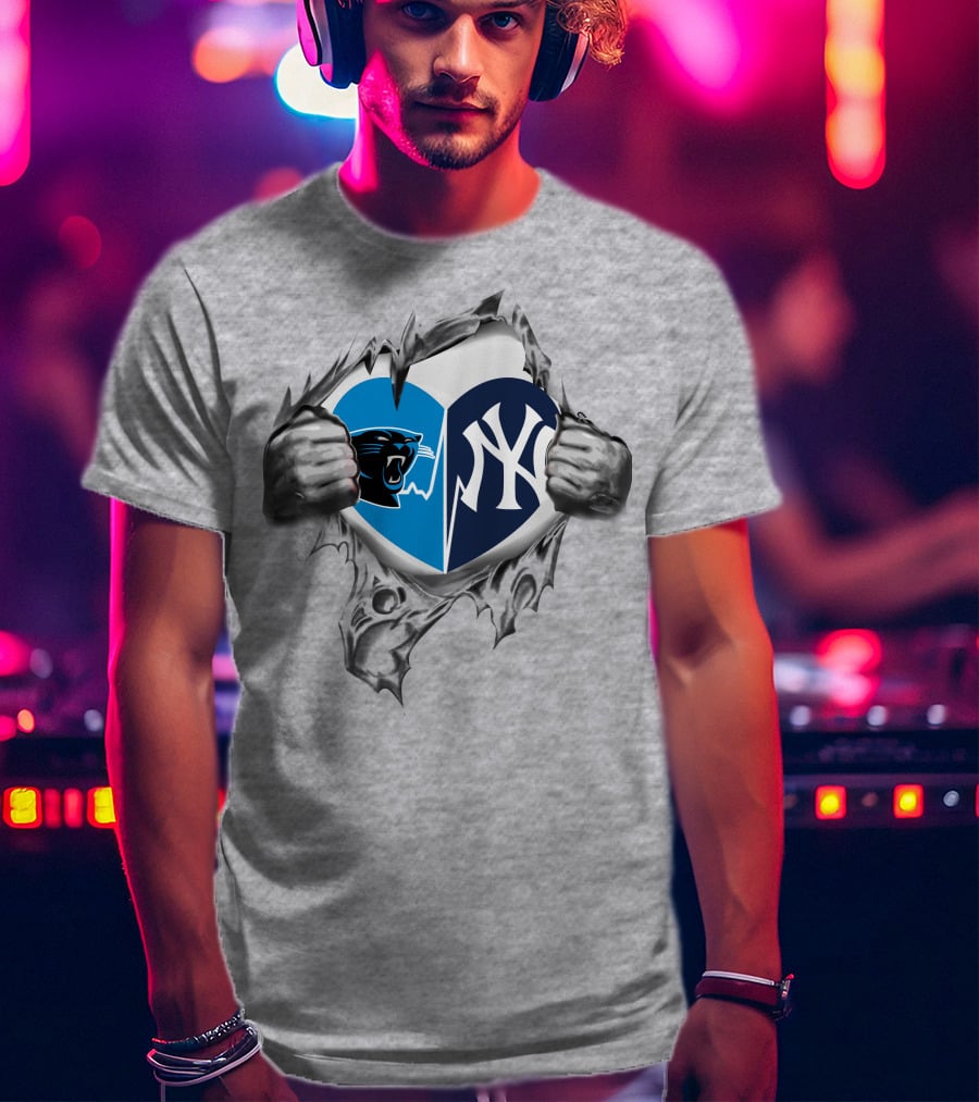 Carolina Panthers New York Yankees Heart Tear Mashup T-Shirt