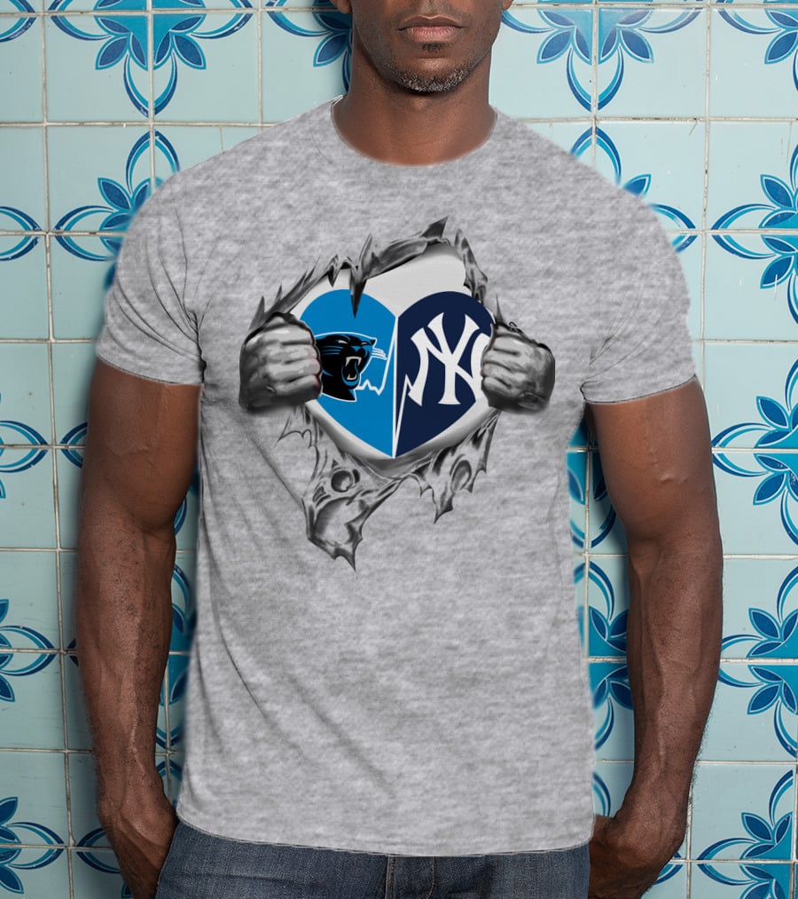 Carolina Panthers New York Yankees Heart Tear Mashup T-Shirt