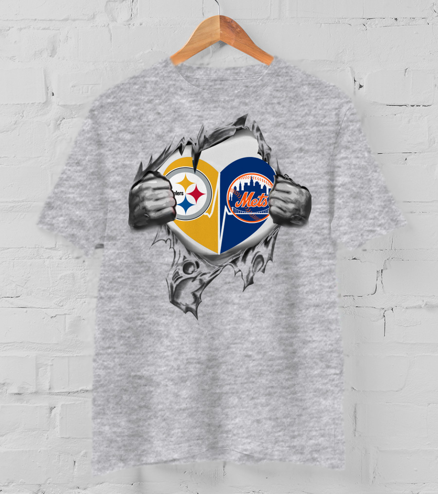 Steelers Mets Heart Design With Torn Metal Hands Displaying T-Shirt