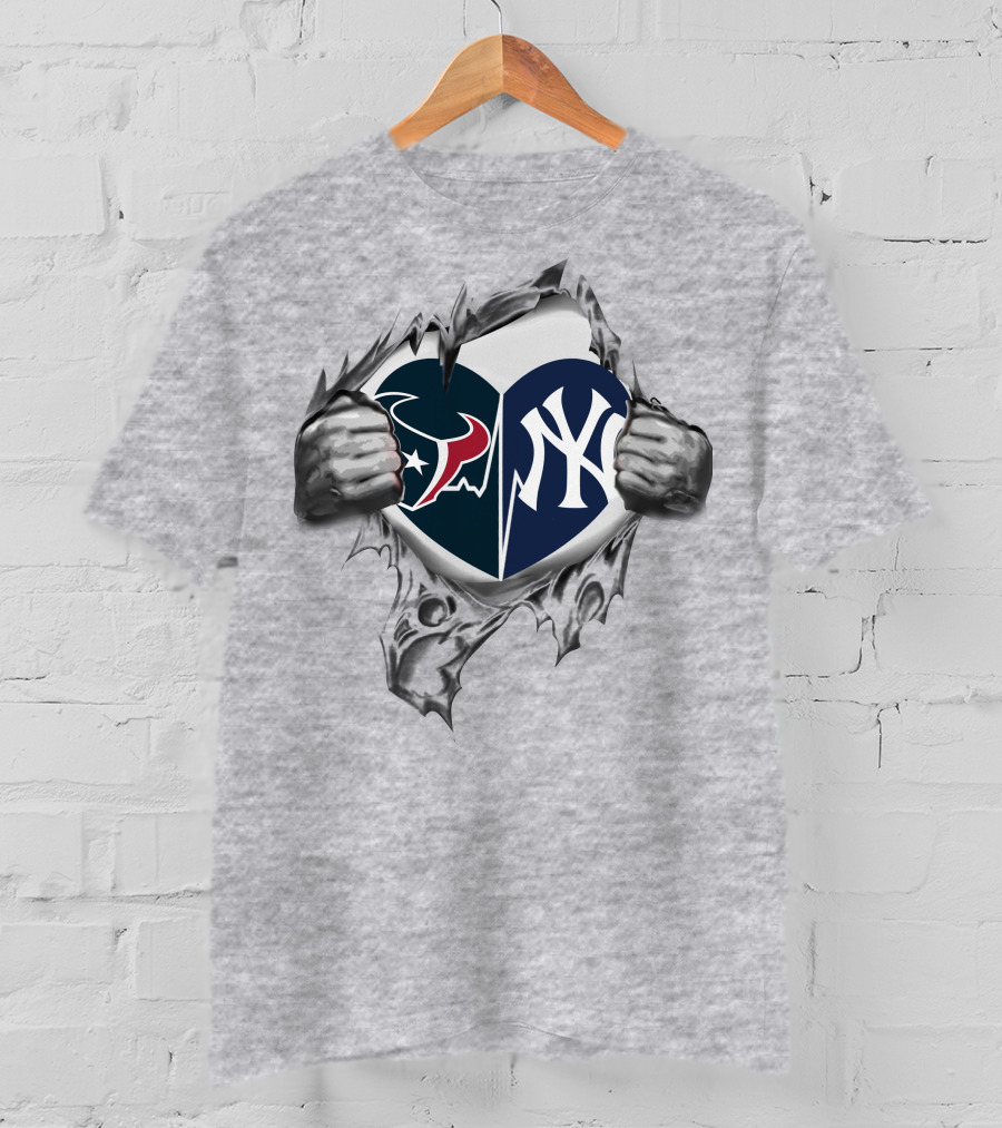 Texans Yankees NFL And MLB Split Heart T-Shirt