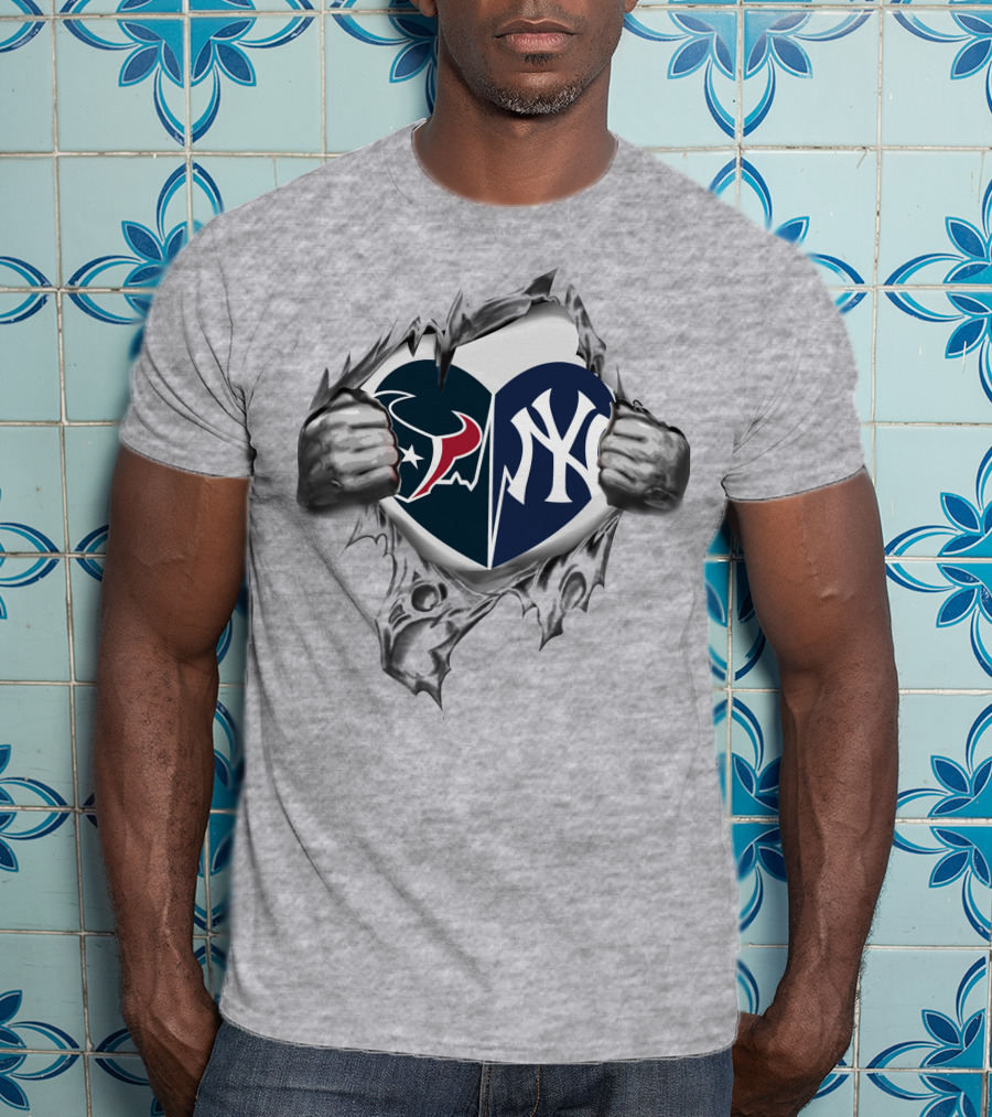 Texans Yankees NFL And MLB Split Heart T-Shirt