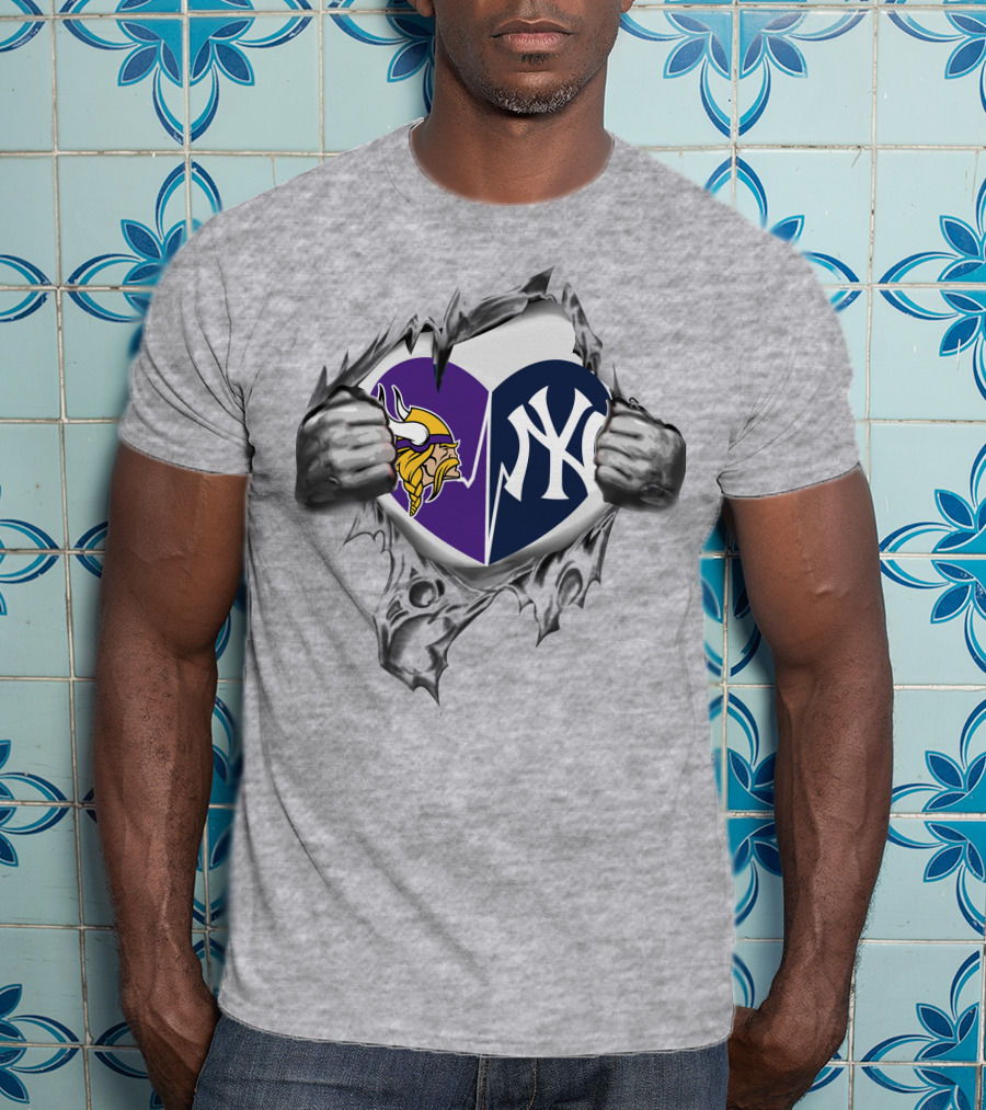 Vikings Yankees Heart Logo Torn Reveal T-Shirt