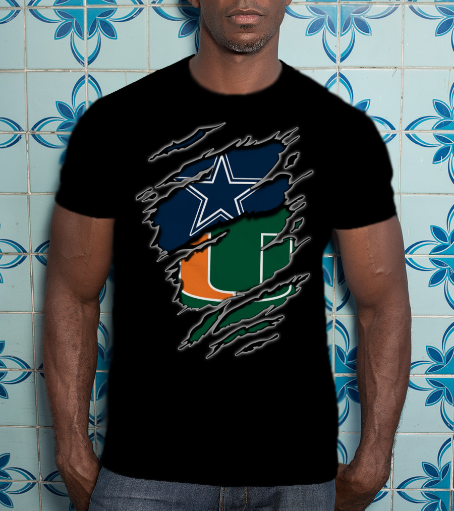 Dallas Cowboys Miami Hurricanes Logos Rip Through T-Shirt