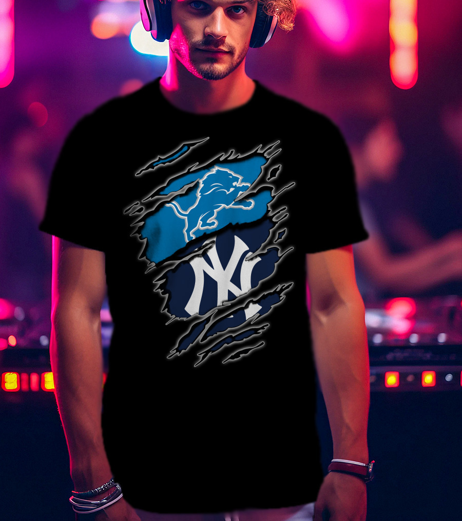 Detroit Lions New York Yankees Fan Merge T-Shirt