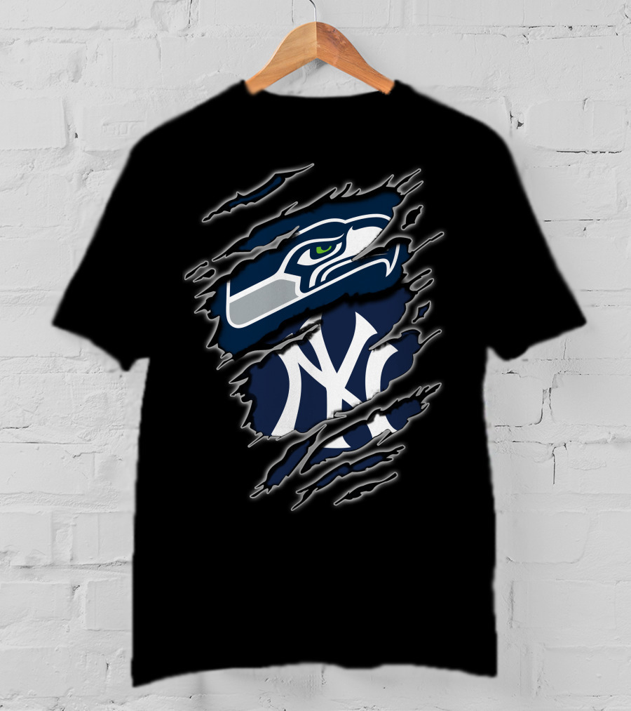 Seattle Seahawks New York Yankees Nfl Mlb Crossover Logo Fusion T-Shirt