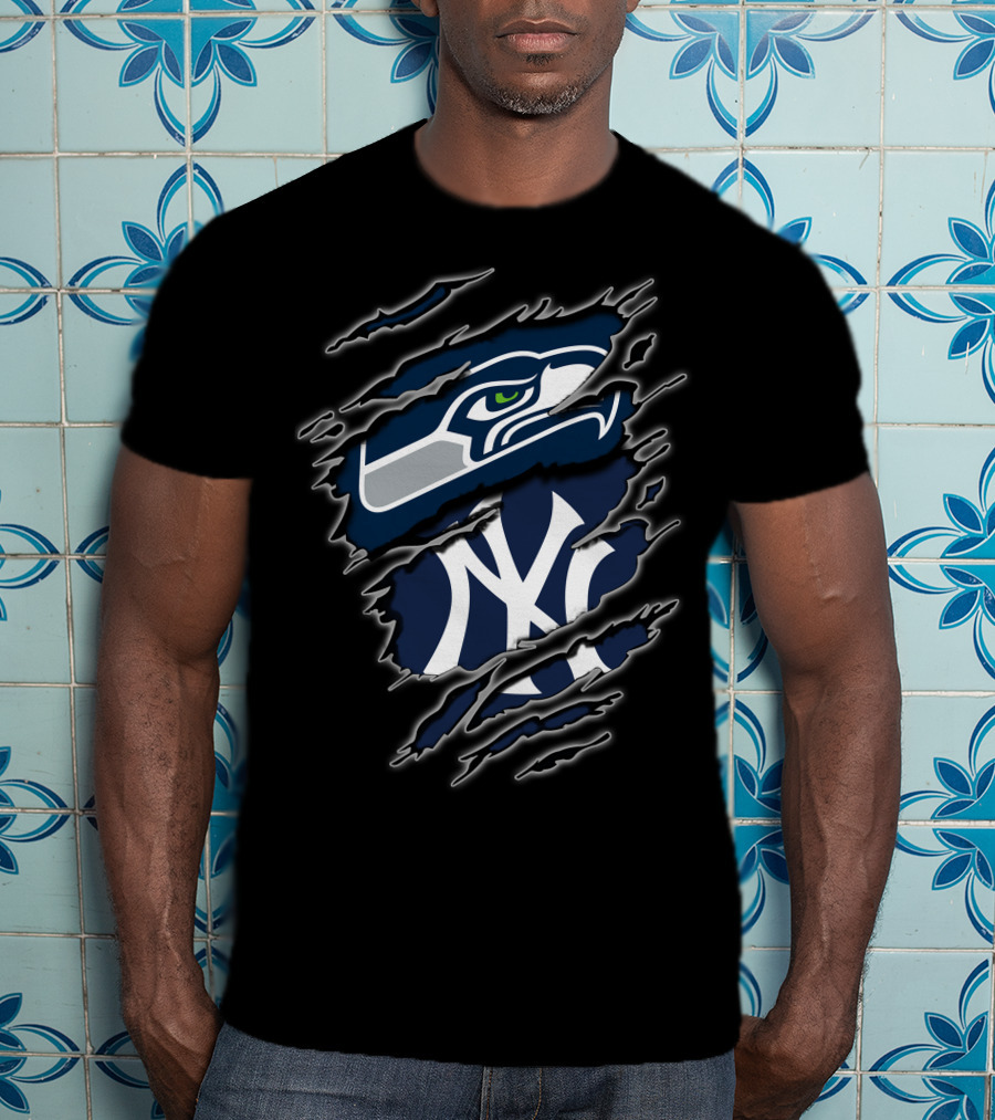 Seattle Seahawks New York Yankees Nfl Mlb Crossover Logo Fusion T-Shirt