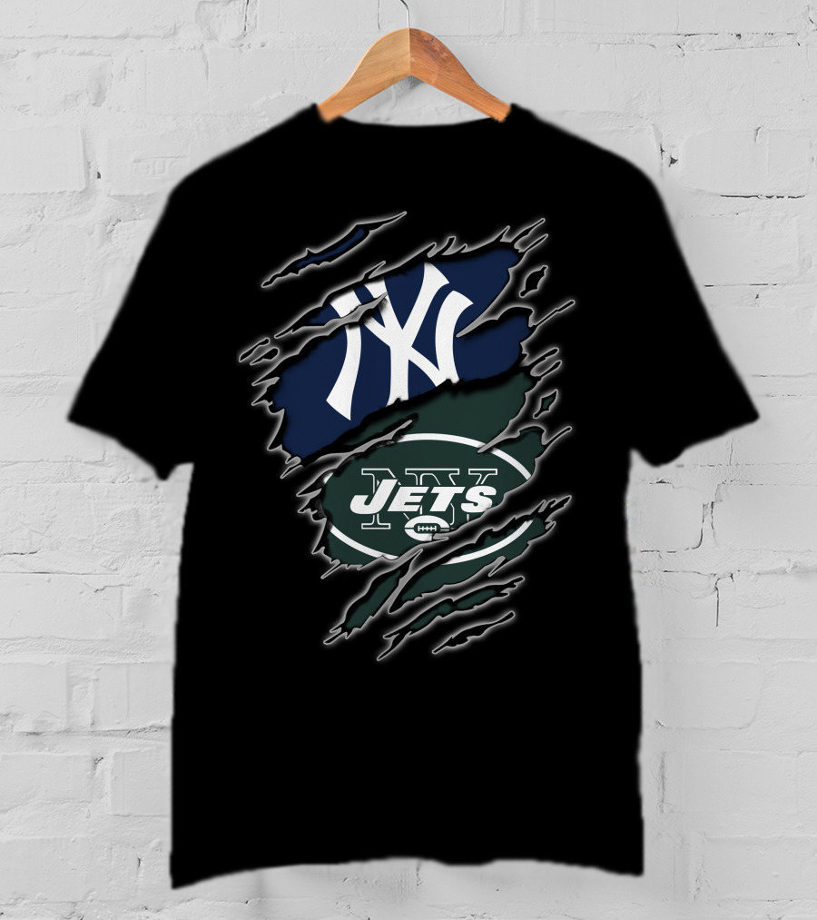 Yankees Jets Dual Logo Graphic With Torn Effect T-Shirt