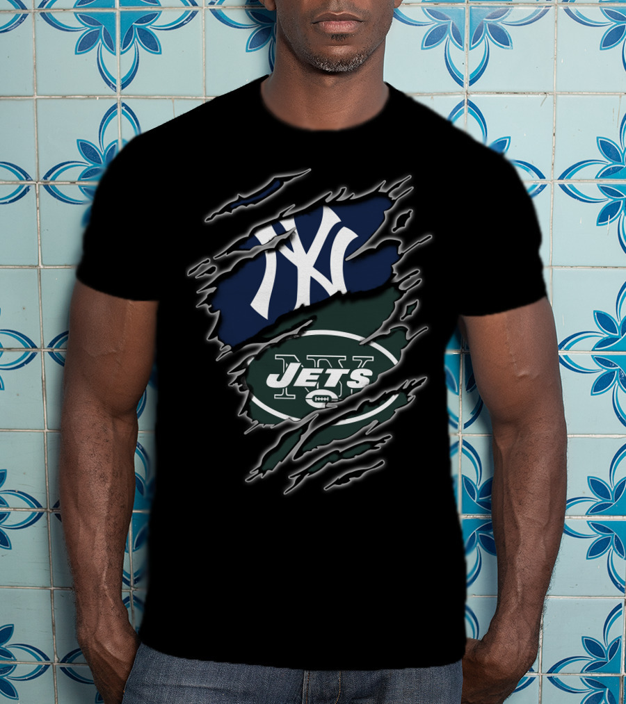 Yankees Jets Dual Logo Graphic With Torn Effect T-Shirt